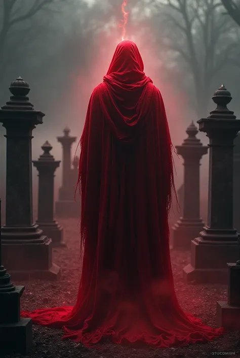 An all red man with his back in front of a graveyard with spirits or ghosts 