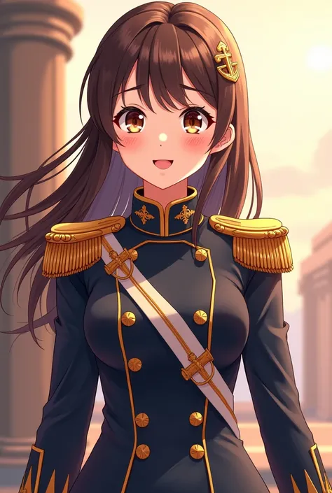 girl 25 years old. brunette with brown eyes. In the military uniform of a magic court. cheerful.  anime style 