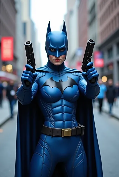 A person wearing a blue and Batman costume, standing in a city street. they are holding two guns and posing for the camera. The person is wearing a black belt and appears to be in a fighting stance. The persons costume is visible, and they are ready for ac...