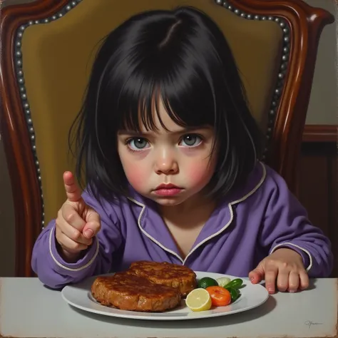 Realistic oil painting of a SMALL FOUR-YEAR-OLD EUROPEAN GIRL of remarkable beauty ,  with hair Long, jet-black that falls untidy around his face,  looks with an angry expression as he lifts a finger from an elegant table. Her GRAY EYES shine brightly ,  a...