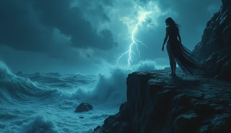 The scene unfolds with a mysterious figure standing on a jagged cliff, shrouded in shadows. The background is dominated by a tumultuous sea under a stormy night sky, with flashes of lightning illuminating the dark waves. The overall atmosphere is tense and...