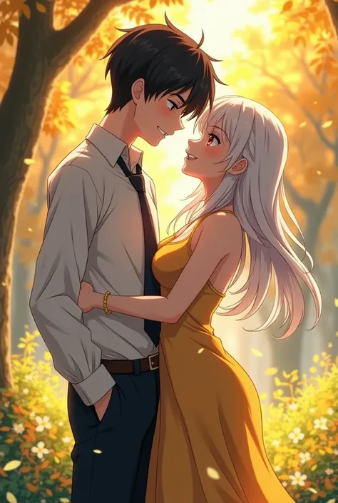 An anime boy in his teens in school uniform with black hair, white skin with a broody expression and his hands in his pocket. A beautiful anime girl with erotic body is holding him tightly. She has seductive figure, white hair, crimson eyes, G-cup boobs an...