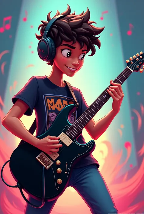 Animated image of a teenager with a black electric guitar 