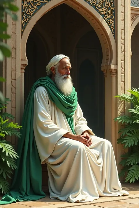 Sufi saint wear a white dress and green long Shawl hold on neck  sitting  in green domb islamic 