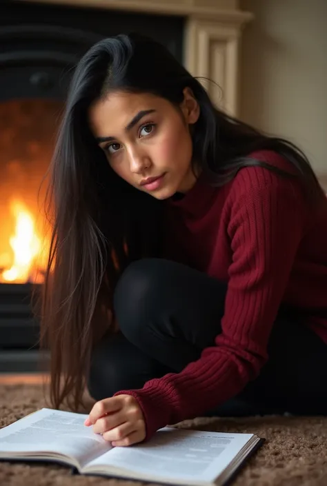 A young Latina woman with long black hair, greenish eyes, tanned skin, a pretty face and a pink mouth. The woman will be wearing a crimson sweater and black leggings. The woman will be sitting on the floor, hunched over a table near the fireplace in the li...