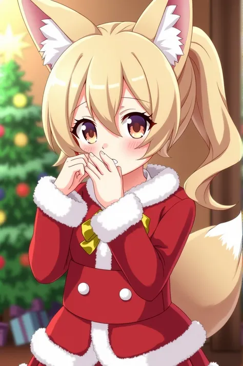 1girl,tingyun (honkai: star rail), ponytail, fox ears,hair between eyes,fox, animal ears, fox girl,animal ear fluff, fox tails,santa costume, BREAK,cowboy shot,hand on own chin,seductive smile, blush,looking at viewer,BREAK,indoors,living room, christmas, ...