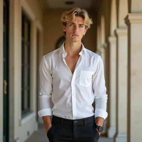 A 21 year old male with golden rich blonde hair, clear green eyes, warm and fair beige skin. Black cloth formal jeans, a white button-up shirt with buttoned sleeves. And mens black dress shoes. The man has the reagalness of a prince. 