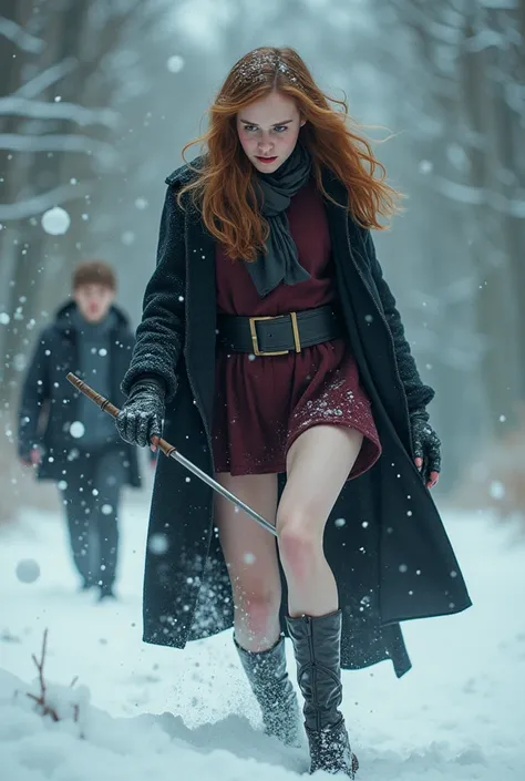 Emma watson, hermione granger, fighting voldemort, sexy skirt, bare legs, griffindor jacket, snowy outdoors, full body, harry potter covering behind hermione in fear, blizzard spell hitting her exposed legs, she is in pain, moaning, eyes wife open, thick t...