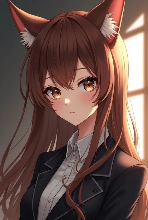 Pretty anime girl with a black suit and a cats ear with brown hair 