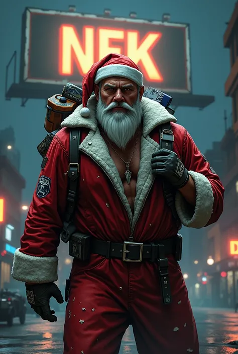 Santa claus gta style with a billboard inthe back saying NFK 