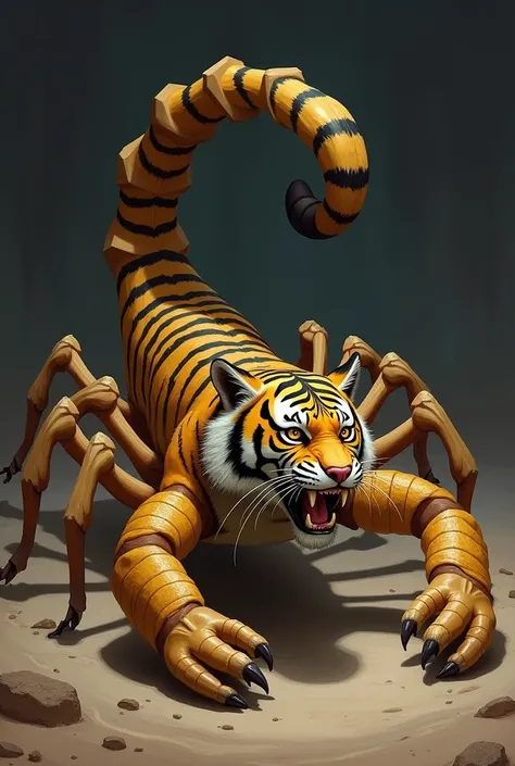 A hybrid between a saber-toothed tiger (saber-toothed tiger) and a scorpion can be described as follows:

**Name:** Scorpion tiger (Scorpecat)

** Appearance :**
- ** Size :** Scorpion tiger có kích thước lớn, similar to a tiger, but the rear body is shape...