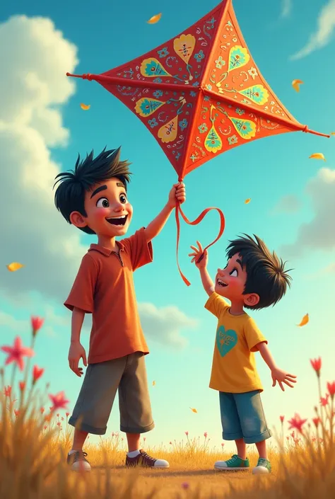 Prompt: Hassan, a friend of Ali, holding a beautifully crafted, colorful kite. The kite is large, with intricate patterns, and Hassan is smiling proudly as he shows it to Ali.