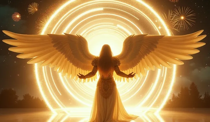  A male archangel with long golden hair appears from standing in front of a portal of white and gold light,  representing the transition between the year that ends and the one that begins .  He holds a crown of light that seems to float in his hands ,  rad...