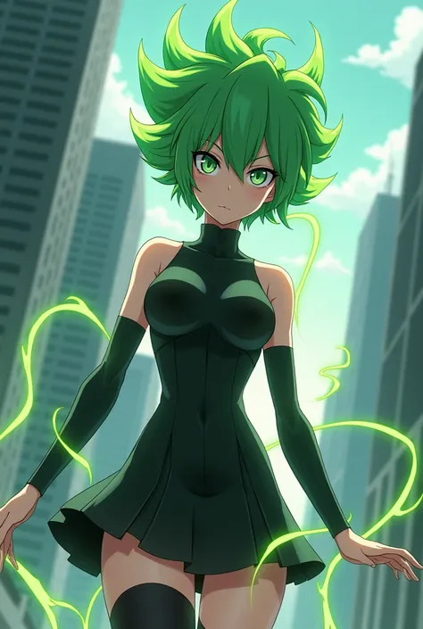 A woman wearing a costume of Tatsumaki, Green hair, thin body, small breasts, 