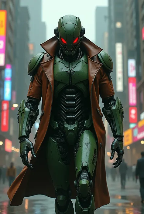 Make a cyberpunk-style humanoid robot similar to the EM-208 from the movie Robocop, but its carcass must be dark green and it must wear a brown leather overcoat. 