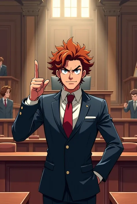 Curly auburn haired man doing an objection pose, ace attorney style