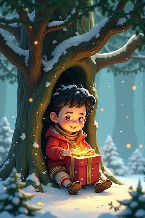 Image of. ren in the tree opening Christmas gift