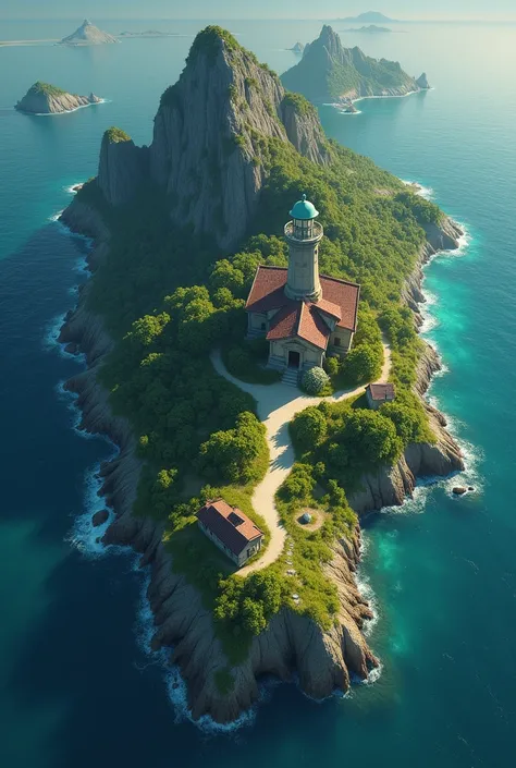  create an RPG map with a view from above on an abandoned island with a lighthouse , mansion, A store and few houses ,  the shape of the island is partially circular and with a large mountain at the top a lighthouse , e ao lado do farol mais abaixo uma gra...