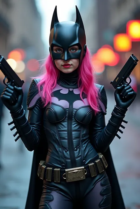  A young person skis wearing a neon costume and Batman,  standing on a city street . Shes holding two pistols and posing for the camera .  The person is wearing a black belt and seems to be in a fighting position.  The persons costume is visible , and shes...