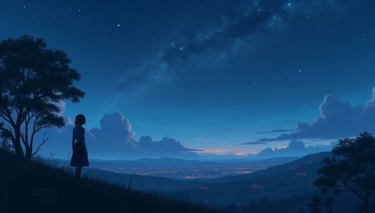 Nighttime view of a village with 6,000 inhabitants, starry sky. A lone female 
silhouette under the stars. 