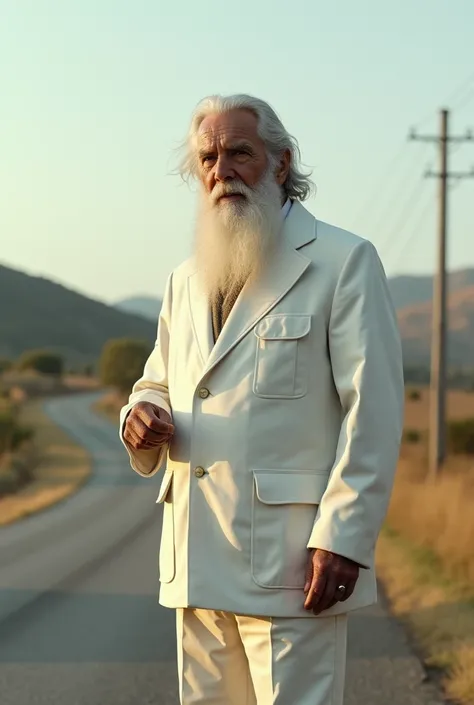 An old man in a white beard in a white driving suit , sur un auto stop