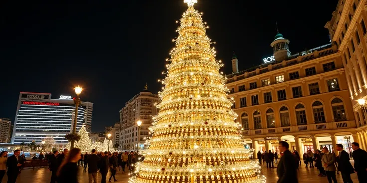 A huge Christmas tree made of champagne bottles stands in Monaco 