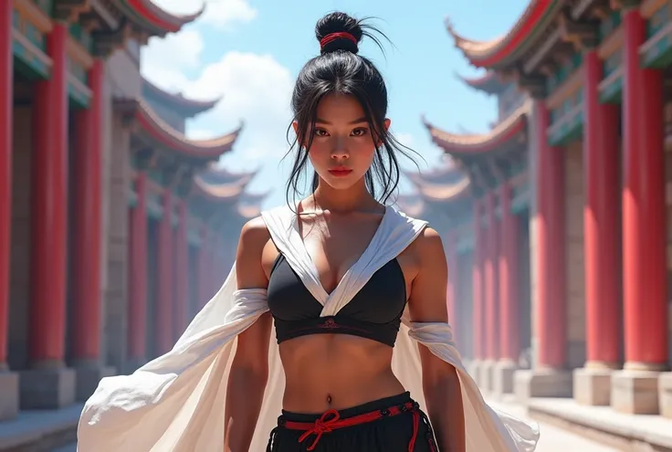 A beautiful buff Asian female martial artist wearing a white Greco-Roman toga that covers hwr chest with a cyberpunk vaporwave aesthetic. She wears a toga like outfit. She has massive muscles. She wears a battle skirt and wears a white cape. High quality, ...