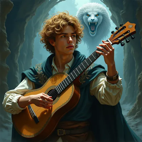  create the best image you can of Kvothe main character in the name of the wind make him handsome, He is playing the laud . It is supported by El Cthaeh