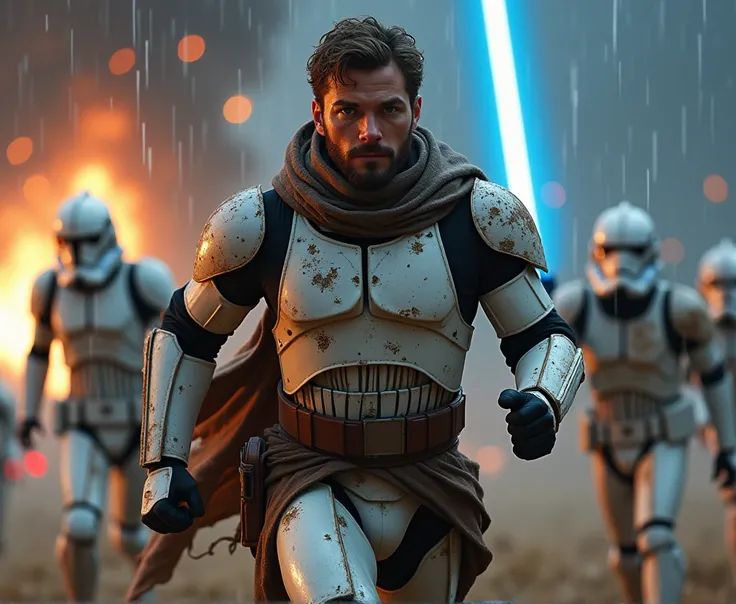 Muscular 6 foot 2 inches human white man with short messy curly brown hair and beard,  dirt on skin, piercing pale grey eyes handsome, wearing damaged and dirt covered clone trooper armour, wearing tattered brown hooded cloak, brown belt, full body,  runni...