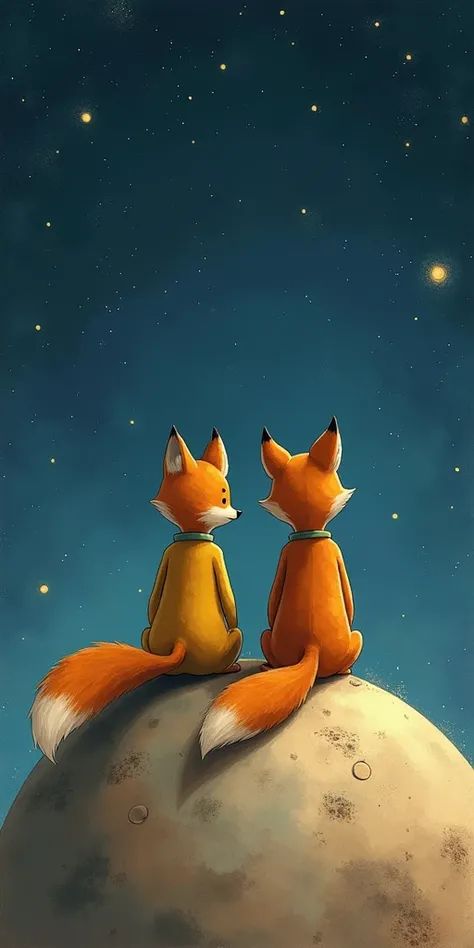  the little prince and the fox from the work of Antoine de Saint-Exupéry, sitting together looking forward ,  both standing on a round planet with some craters.  I tend to the starry background of the sky . 