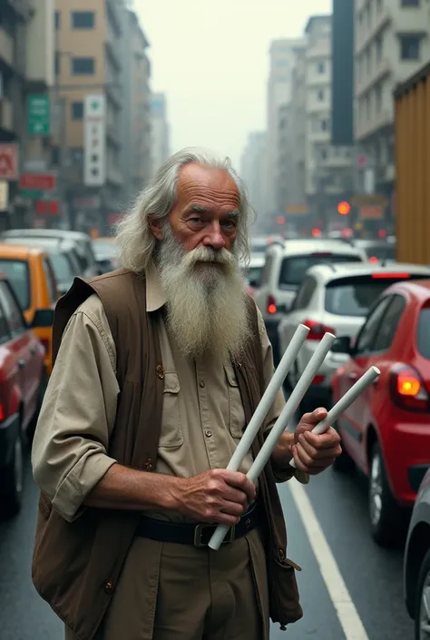 An old man wearing a white beard and holding white trying to fix the traffic jam