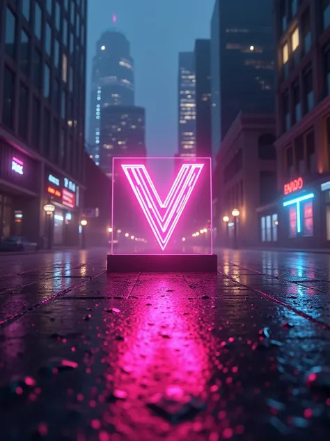 vinimnt logo, on the wet street, ultra realistic, buildings in the background, neon