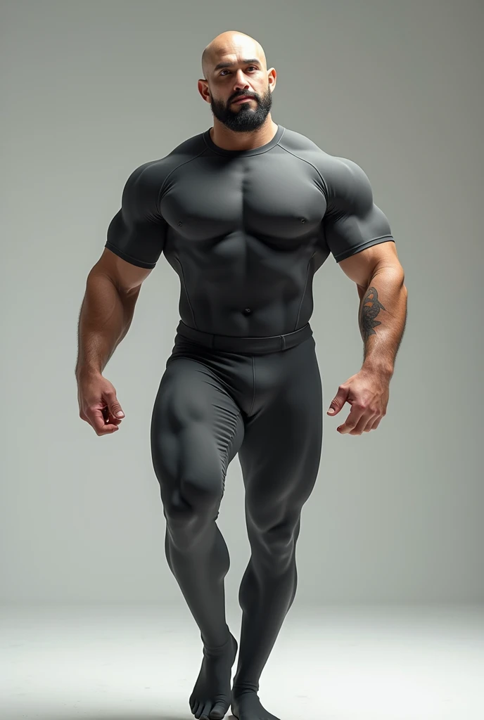 Muscular asian jock, shaved head, in tight lycra bodysuit, big ballsack, huge biceps, short beard, muscular legs