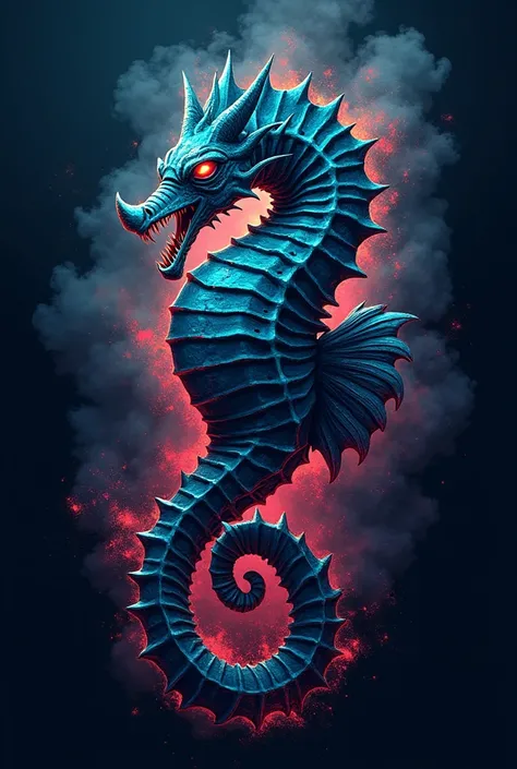 Gaming logo, seahorse, scary, strong, bright colour tone, with a "SEAVETH", 