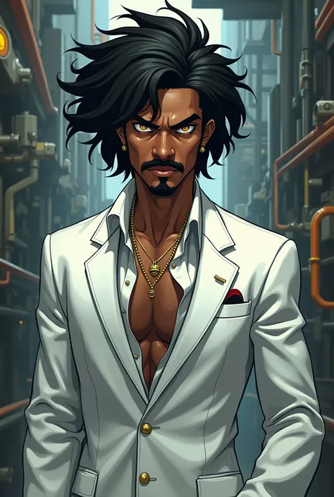  black hair, ojos amarillos,  dark arabic leather,  young man, white suit,  cyberpunk factory , businessman, thick moustache , African, Anime style,  ritual marks on the chest under the shirt,, delegated body and somewhat definite ,  deep look , portrait, ...