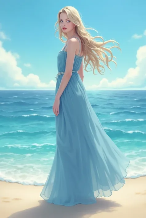  A tall girl with long light blond hair,  grey eyes , stands on the beach near the sea , in a long blue dress