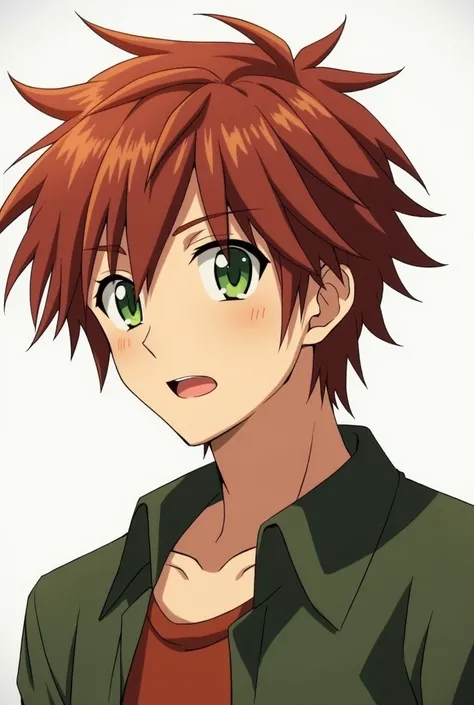  He looks like a young man of about 18 years old . He has green eyes and thick, disheveled reddish brown hair ,  that reaches the back of his neck .  It should be noted that a small curl forms a fringe on his forehead. (anime) 