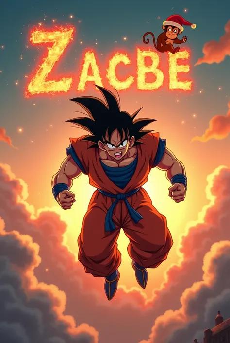 A cinematic shot of a Christmast Goku from the Dragon Ball Z series. He is in his Super Saiyan form with long hair. He is flying through the air, his fists clenched. Behind him, there is a vibrant orange and blue sky with clouds. The name “Zacbe” is legibl...