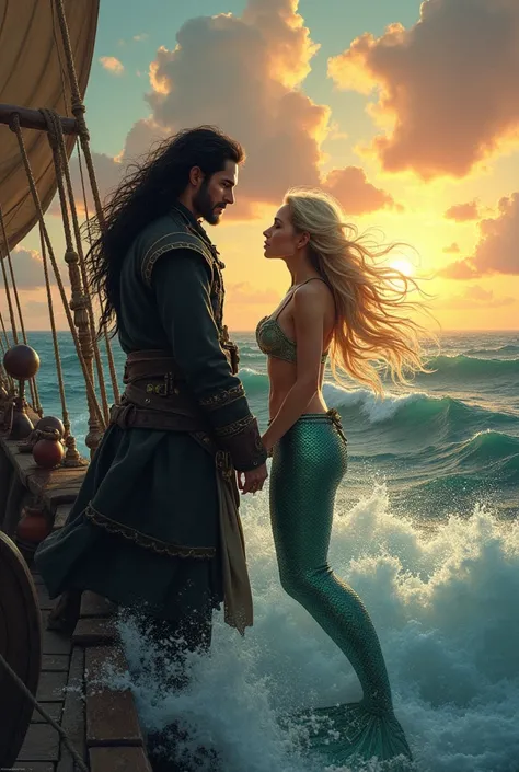 Mermaid and pirate romance black long hair pirate blonde mermaid fantasy