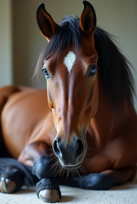 very beautiful and sexy realistic muscular  female horse   that is by herself laying in the living room. looking right at and standup very close to the camera lens  
beautiful blue  perfect eyes with perfect pupils 
perfect furry horse    body with perfect...