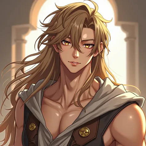 Human; height: 1.85 m; hair: long, light brown with blonde highlights; eyes: caramel brown, large; face:strong with delicate details); slim and defined body (calisthenics). anime style. man. Fantasy setting