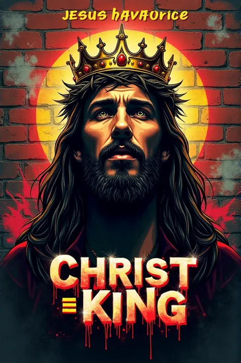  An urban and hip-hop graphic design ,  a realistic depiction of a man with a beard and long hair ,  using both a crown of thorns and a real crown ,  merging the sacred with the majestic .  The predominant colors are black , gold and red,  creating a power...