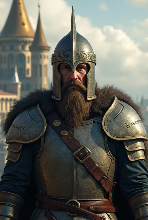 The epic saga that embraces destiny: a hyperrealistic 4K Viking Knight Squire of King Odin adorned with battle scars written on his khalu helmet and Valhalla in the background