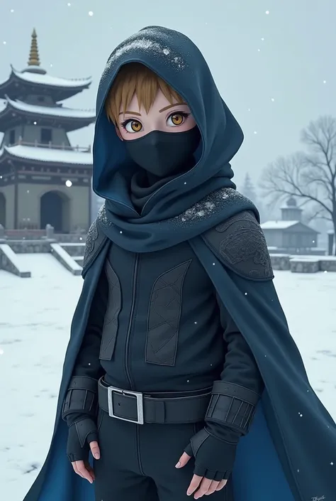 Create an image of a young ninja from the Hidden Snow Village,  In the style of the characters from the series Naruto .  He has short light brown hair ,  shaved on the sides with a small crest and eyes of eyes color yellowish brown ,  although most of his ...