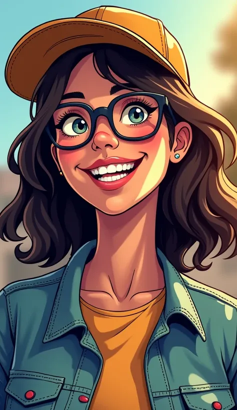 DISCREET image. with discreet casual clothes and with glasses and cap. image adult woman, american, comic book style. happy. IMAGES WITH VIBRANT COLORS.