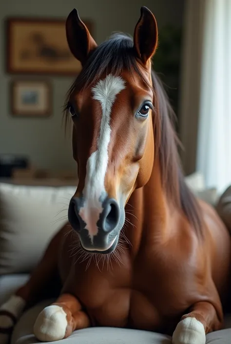 very beautiful and sexy realistic and very muscular  female horse   that is by herself laying in the living room. looking right at and standup very close to the camera lens  
beautiful blue  perfect eyes with perfect pupils 
perfect furry horse    body wit...