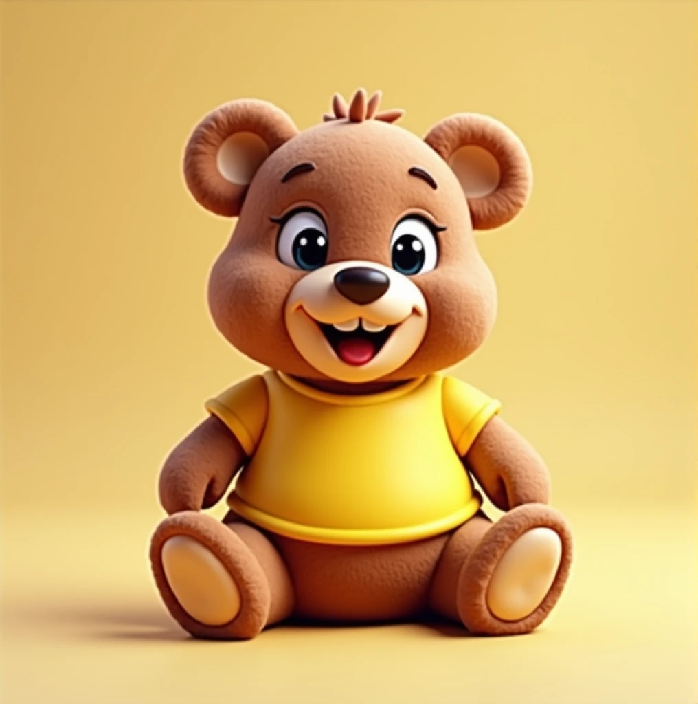 a brown teddy bear sitting, plush mascot, stuffed toy, plush, cute toy, BEAR WEARING YELLOW TSHIRT, with a cute happy face expression IN DSNEY CARTOON STYLE 3D