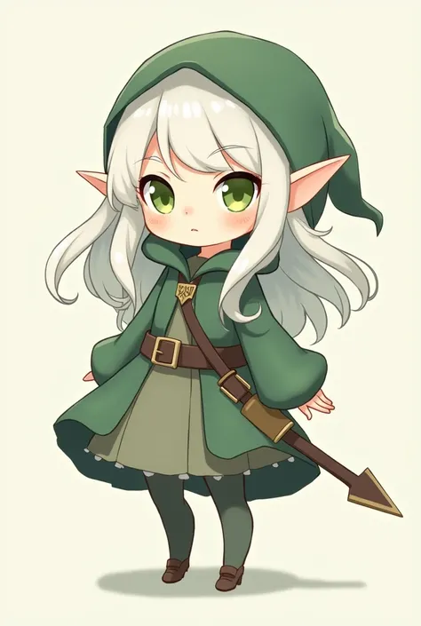 a  elf girl with horns, long white hair,green eyes, in a thief outfit with a cloak,long skirt and tights. Simplistic artstyle no weapon. Chibi