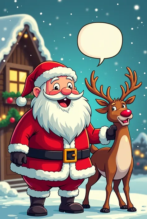 A Santa Claus is next to a reindeer celebrating Christmas ,  the Santa Claus is exclaiming Merry Christmas com in a comic 