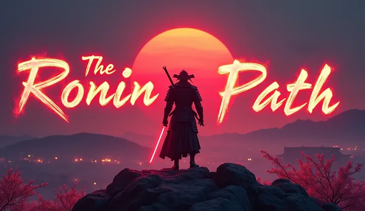 "A vibrant and striking YouTube banner featuring a lone samurai in black and red armor, standing on a high ridge overlooking a dramatic landscape at twilight. The background blends futuristic elements like glowing neon lights and holographic accents with t...